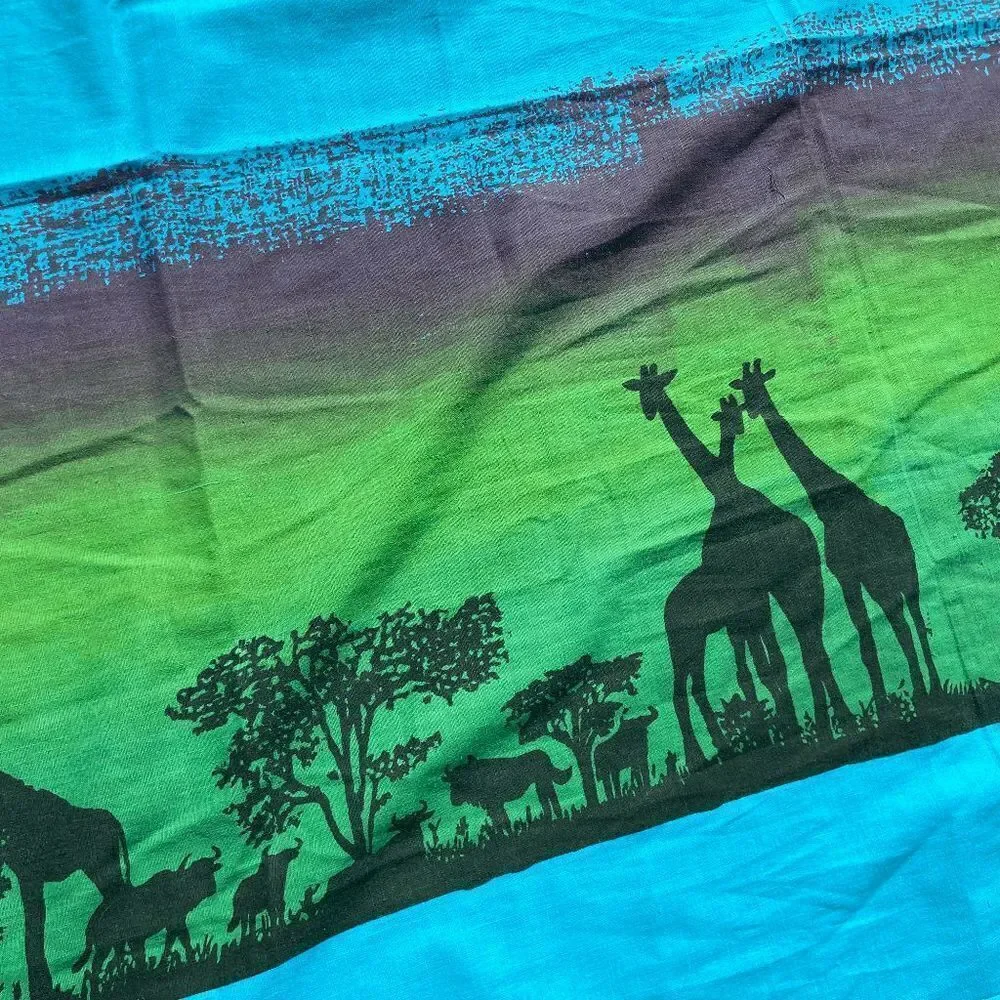 Hand-printed Bright Blue Natural Fiber Surrong Gradient Sky African Animal Silho
